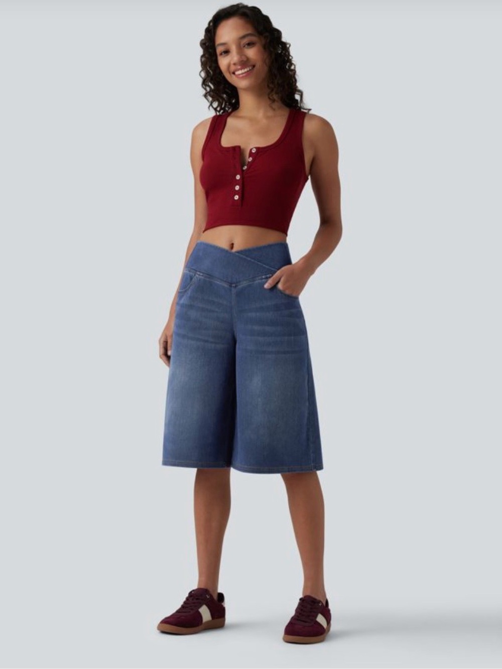 HALARA Women's V-Waist Denim Bermuda Shorts With Tummy Control - Blue - New
